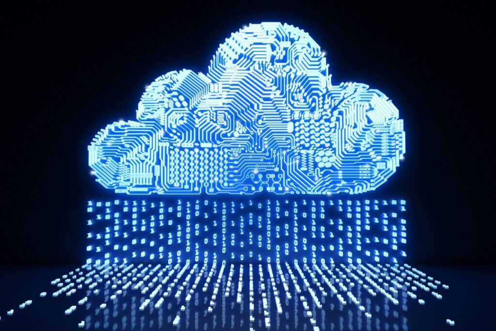 An illustration of a digital cloud with binary codes