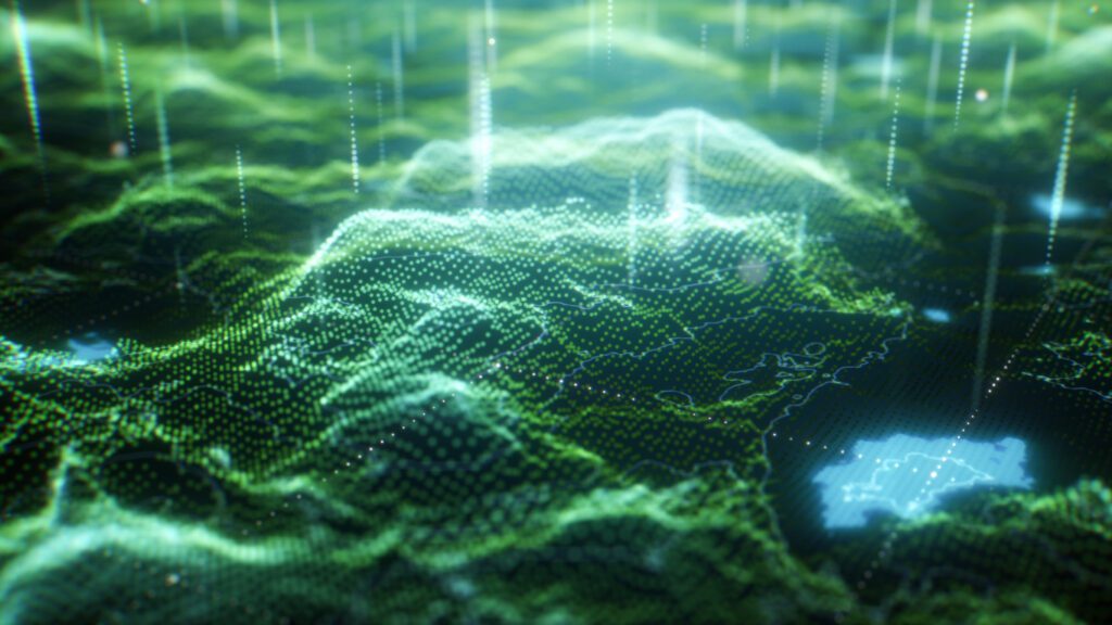 Wireframe of a landscape illustrating data mesh vs. data lake.